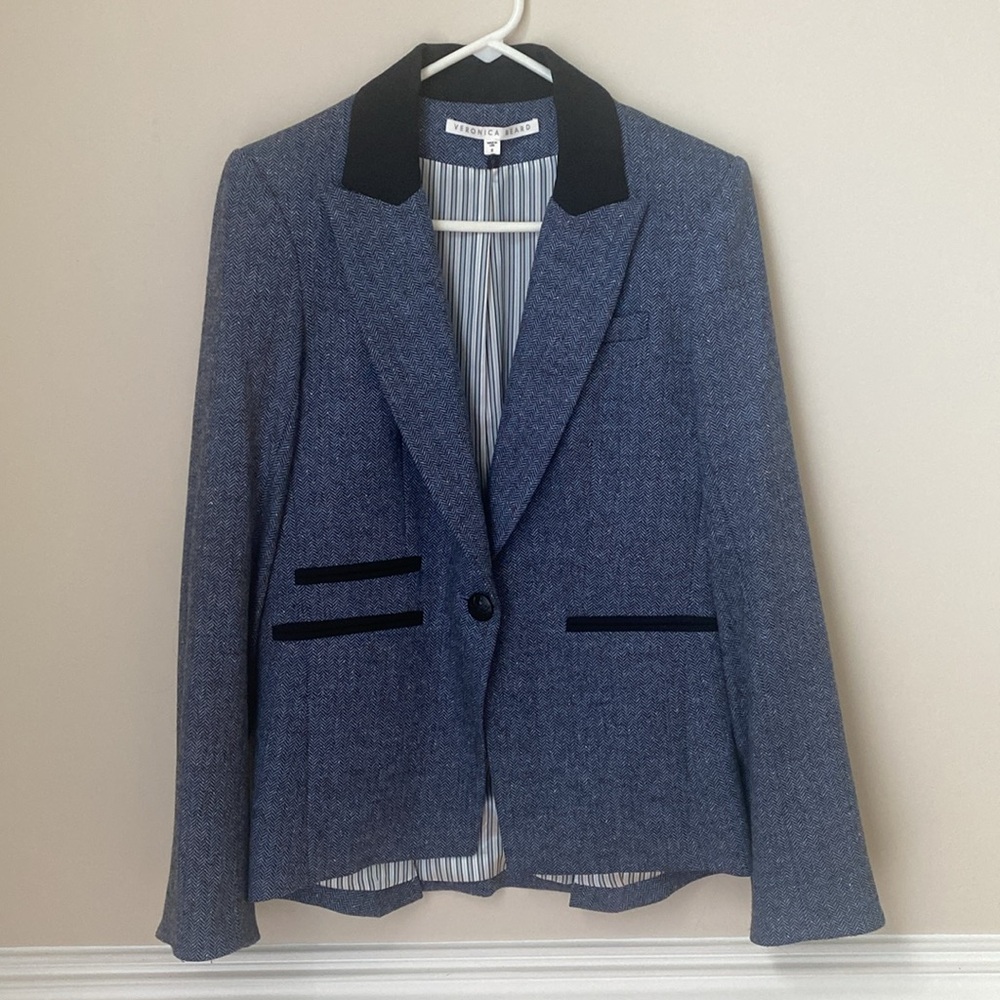Veronica Beard Gia Dickey Navy Black Herringbone Wool Jacket Size &